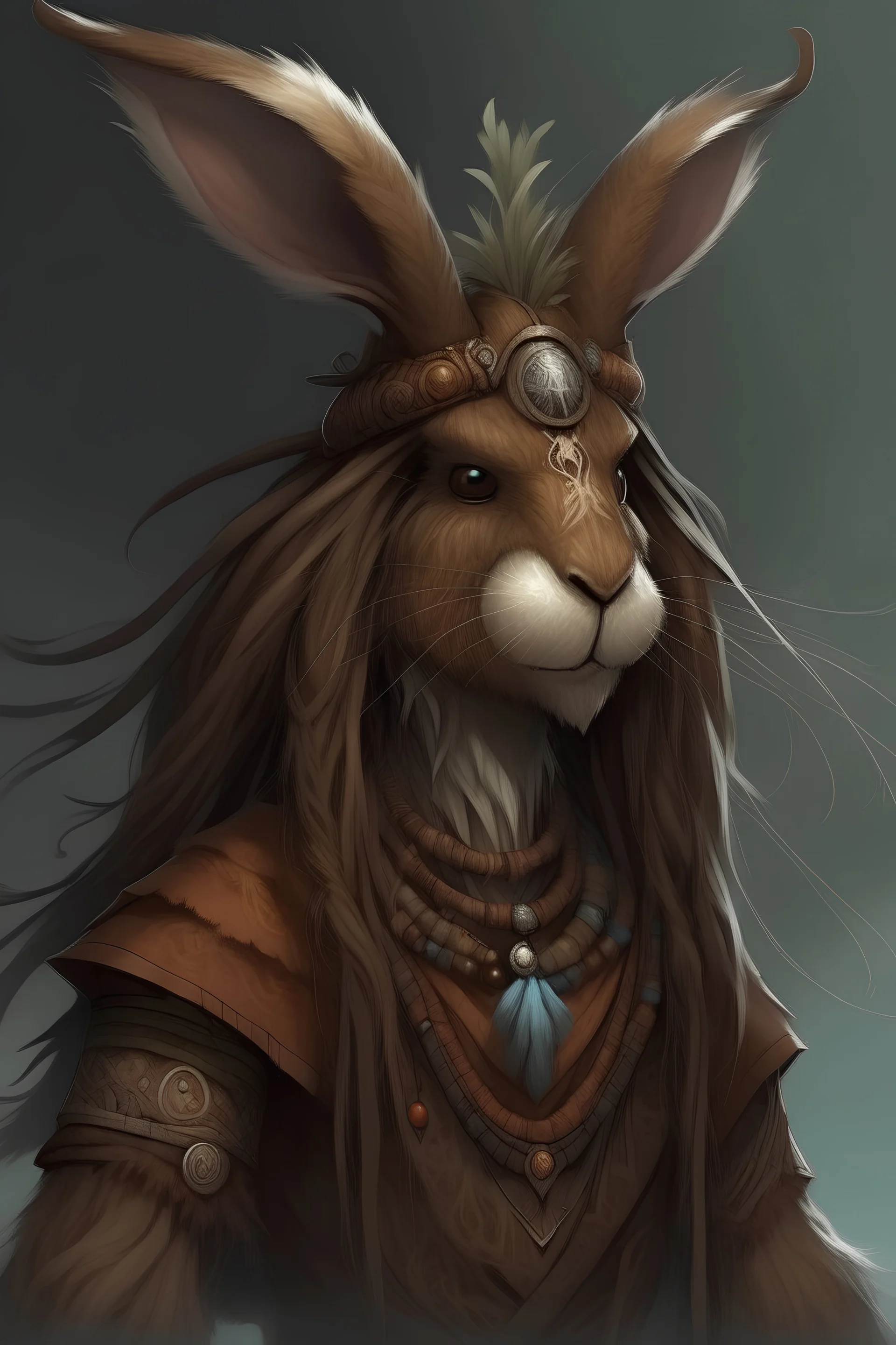 clothed humanoid hare shaman, ragged brown fur, eery mystical look