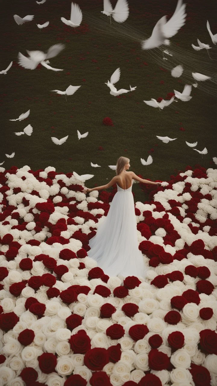 White wings, scissors, red dress in the middle of a field of white roses. Cinematic photo from above