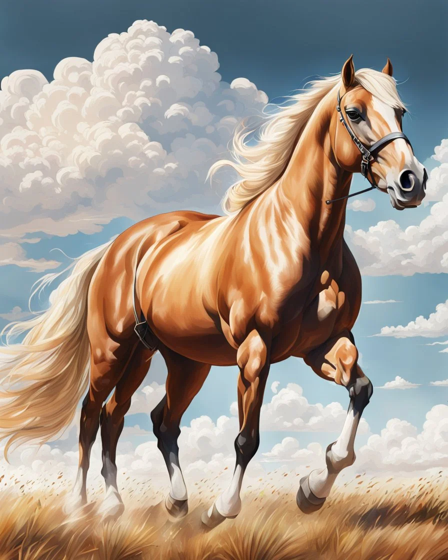 Dibujo animado de un caballo Palomino, calidad ultra, hiperdetallado, maximalista,, cielo con nubes pequeñas, 8 k