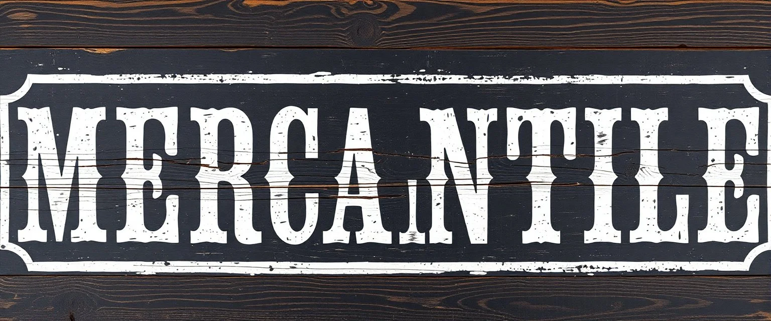 fill composition with large and wide historical hand painted old western sign that reads: "MERCANTILE" white on black with inset white stripe boarder aged paint on wood sanserif