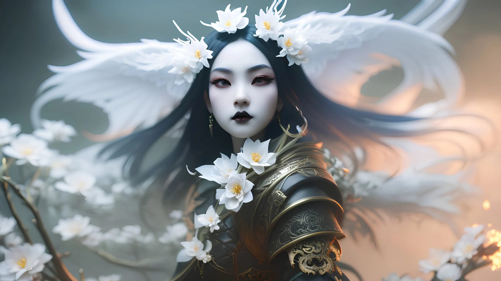 beautiful Gothic Asian flower witch, 8k, high quality, trending art, trending on artstation, sharp focus, studio photo, intricate details, highly detailed, by greg rutkowski