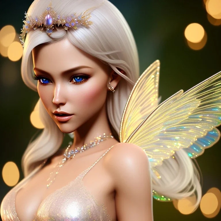 beautiful blonde fairy in a sparkle ambiance, transparent wings, delicate colors, finely tuned detail, ultra high definition, 8 k, unreal engine 5, ultra sharp focus