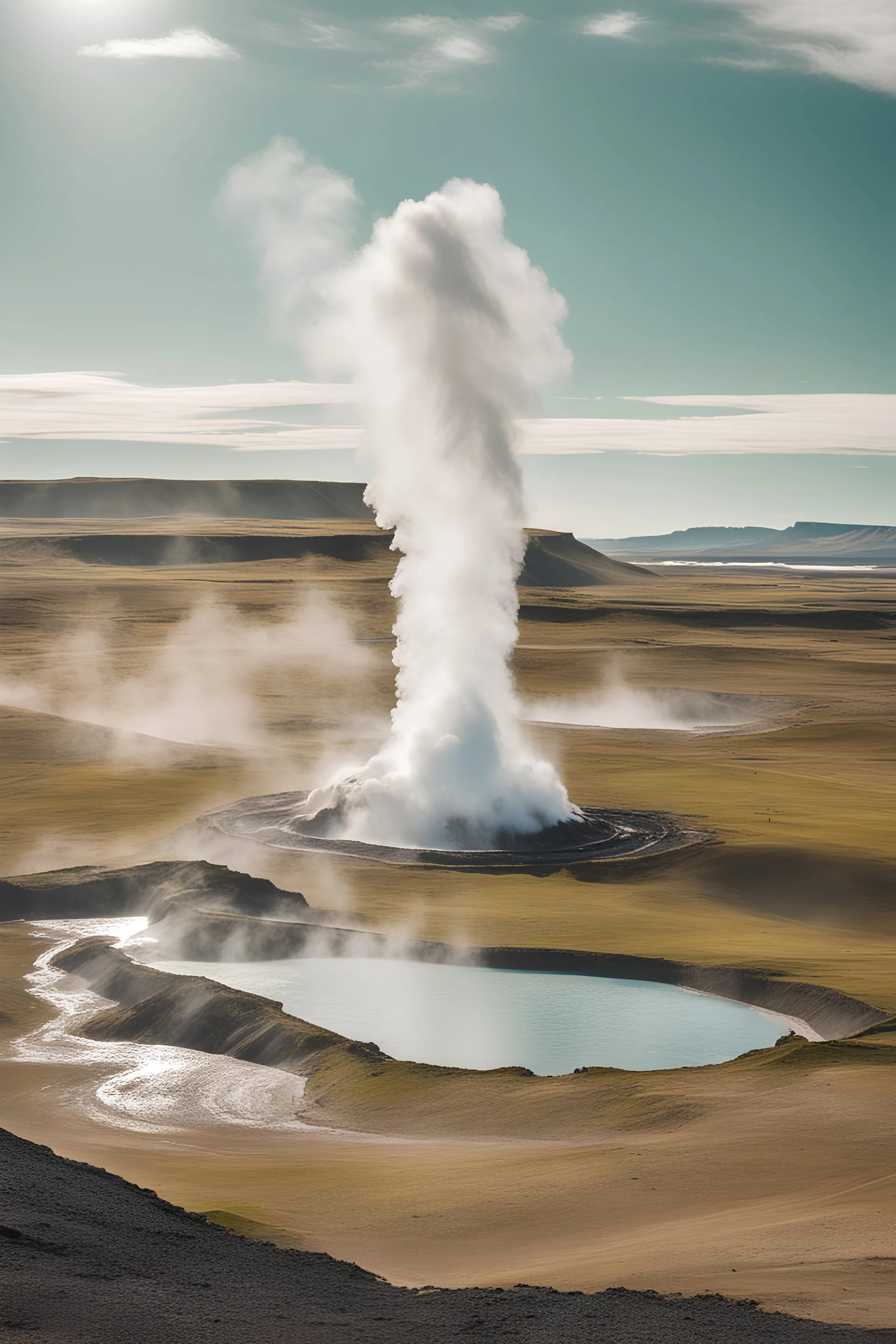 big geyser in Iceland with northern lights, green fields, clear sky,