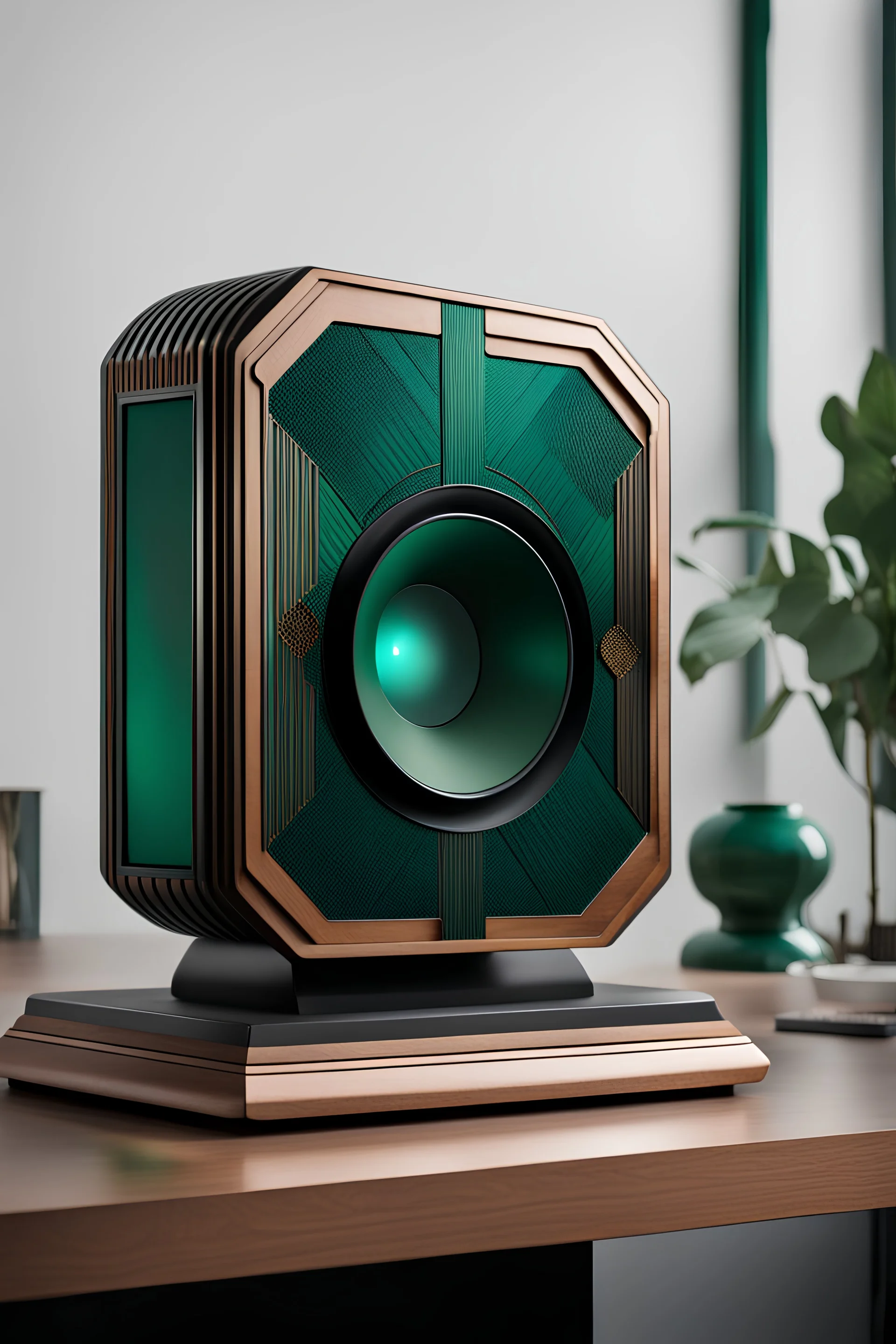 a home SPEAKER with a screen and it is made of a industrial emerald on a desk design in the style of art deco