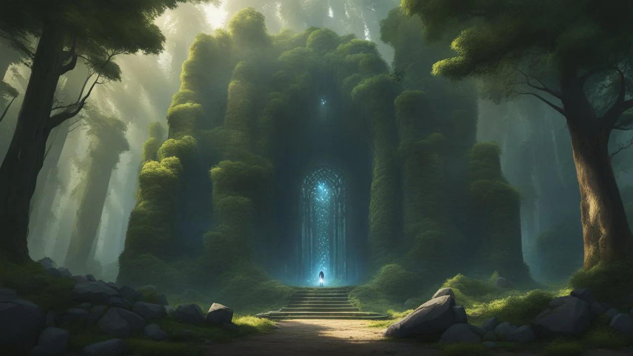 an infinite portal. magic light. stone golems. dense forrest.