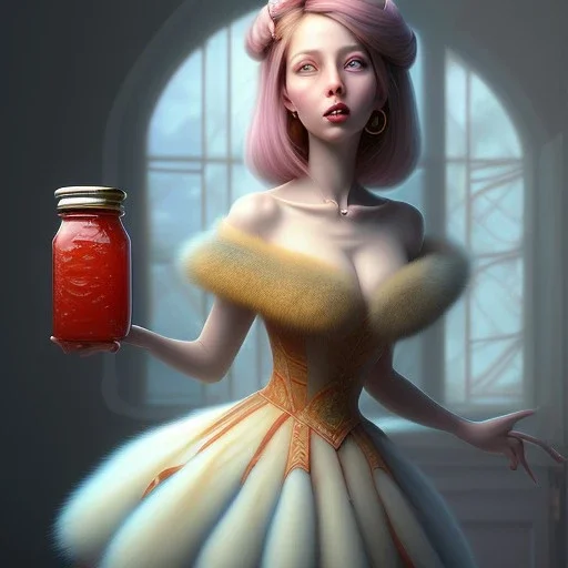 pixar style, realistic painting of a women in dress and a jar jam marmelade in kitchen,volumetric blue sky environment and background, volumetric lighting,dramatic lighting, detailed digital painting, extreme dense and fine fur, anime, ornate, colour-washed colors, elegant, small minutiae, tiny features, particulars, centered, smooth, sharp focus, renderman gofur render, 8k, uhd, detailed eyes, realistic shaded volumetric lighting,caustics,backlight