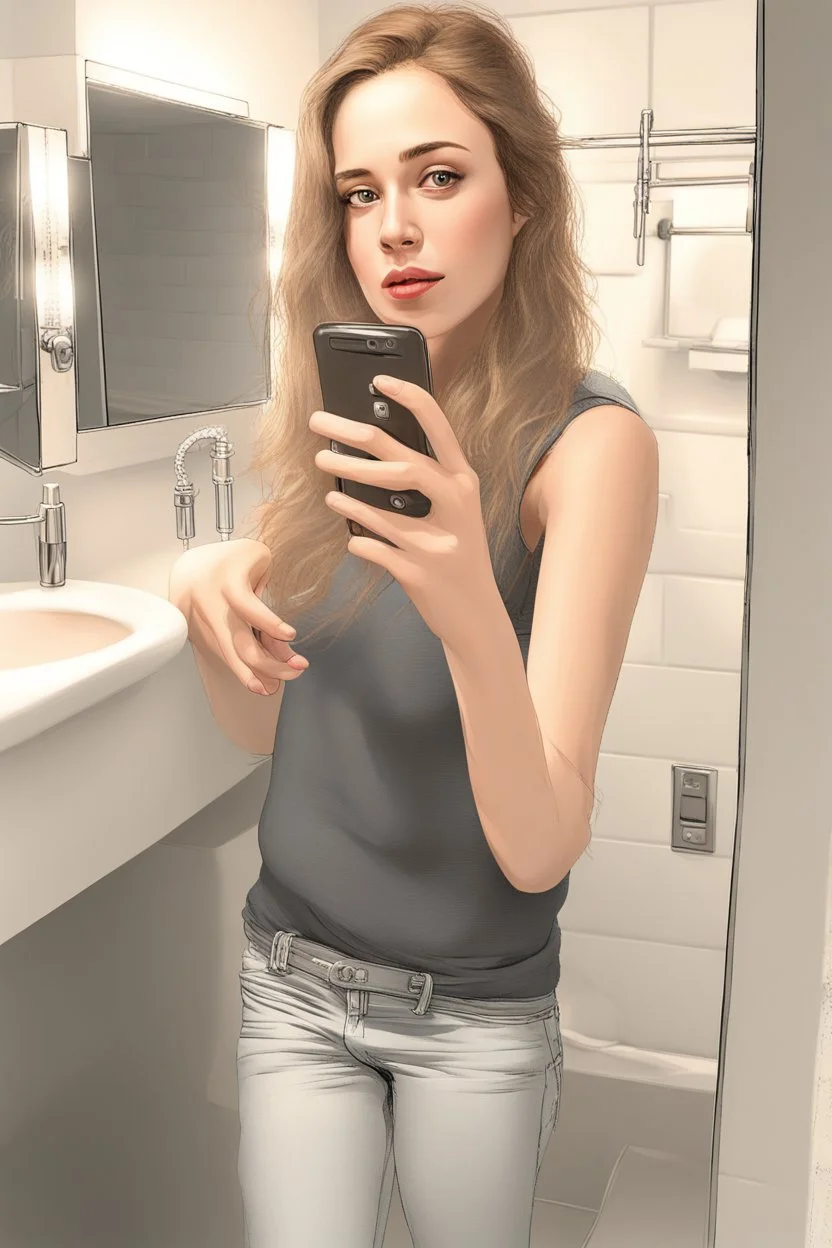 Generate a high-quality lifelike portrait of a {{18,21,25,28,31,34,37}}-year-old female social media inflluencer taking a cellphone selfie in the bathroom mirror. The POV should be from the perspective of the woman taking the selfie. She should have a slender body and be wearing skin-tight and very thig gym clothes. Her long black curly hair should be styled in a whimsical way. The photo should be captured using a 35mm film with a macro shot and shallow depth of field to create a bokeh effect. P