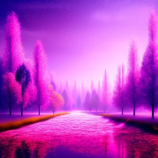 Trees growing pink and purple leaves, glitter, fog, willow, forest, beautiful, night, painting