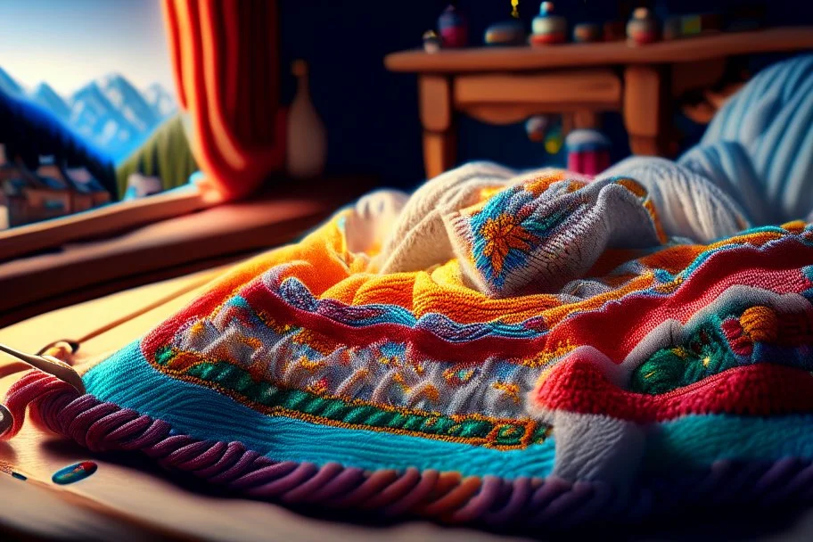 Hand sewn and embroidered extremely cute Austrian mountain village, threads, sewing needles on a table on lace blanket in a luxury bedroom, centre, bold colours elegant fantasy 8k beautiful dynamic lighting award winning imperial colors hyperrealistic ultra detailed 4K 3D high definition crisp quality colourful hdr in sunshine