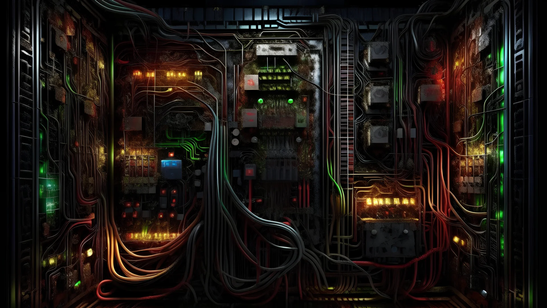 Ultra high quality an android wall made of cables and of processors and of circuits and of irons and of screws smoked background elemental flames lightning lights luminance colourful futuristic steampunk cyberpunk style