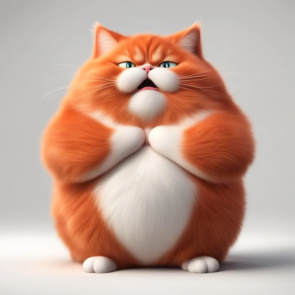 Fat cute red fluffy cat with belly, funny facial expressions, exaggerated action, praying, 3D character, white background, a little hairy, elongated shape, cartoon style, minimalism