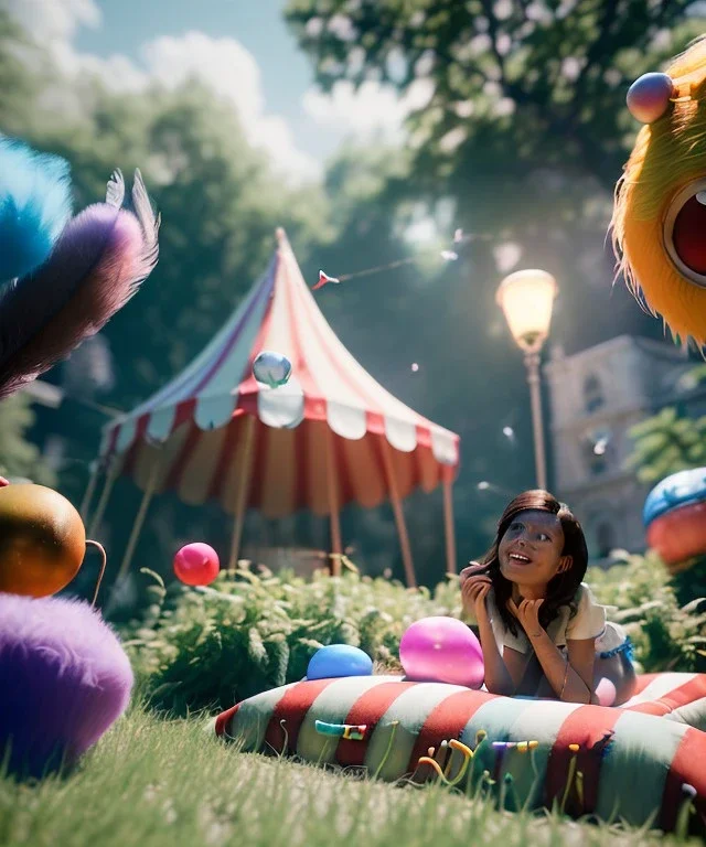 Wes Anderson photographer, Ultra realistic garden scene, wide angle view, teenager playing with feather pillows and inflatable monsters, circus dress style, feather color, free jumping, many trinkets, hair monster, many jelly beans, balls, smile, extreme, wind, soft color, highly detailed, unreal engine 5, ray tracing, RTX, lumen lighting, ultra detail, volumetric lighting, 3d, finely drawn, high definition.