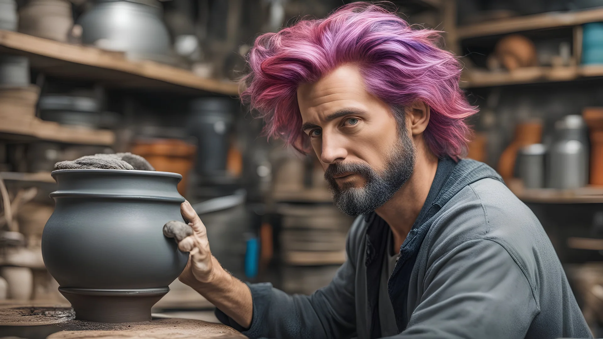 A brilliant potter with wild colored hair in a work shop, 8k, high quality, trending art, trending on artstation, sharp focus, studio photo, intricate details, highly detailed, by tim burton