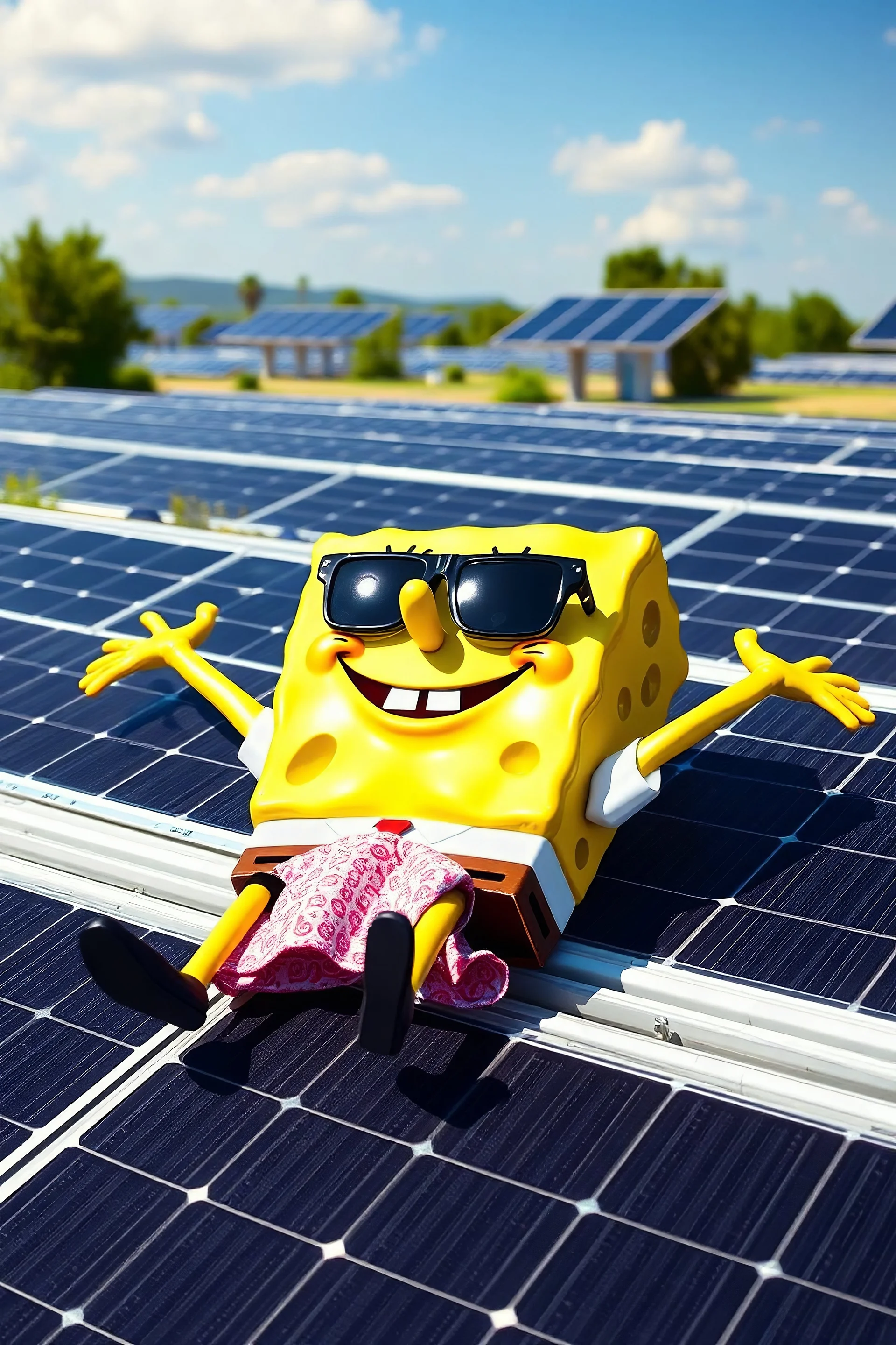 Spongebob lying on a solar panel, sunbathing, sunglasses on, towel on his legs, solar farm in the background