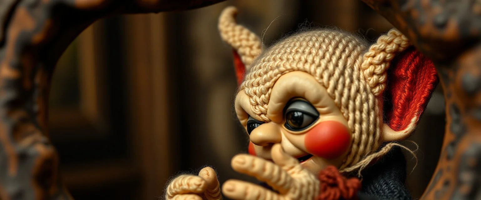 pin hole picture, miniatures on fake scene,master oil painting by Rembrandt, good afternoon bitch scary dark elf character aged matron malice, close up portrait of a stupid knitted doll trying to explain something weird,