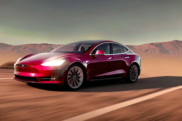 A Tesla 'Model S' is racing at top speed, in the Mojave Desert. (CINEMATIC, WIDE ANGLE LENS, PHOTO REAL)