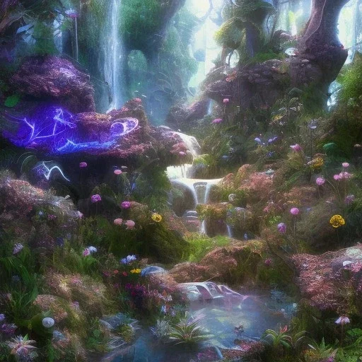 magical blu castel, bioluminsescent plants, 8k resolution, dynamic lighting, ultra hyperdetailed, waterfalls, ultra colourful flovers and butterflys,, very small details, realistic.