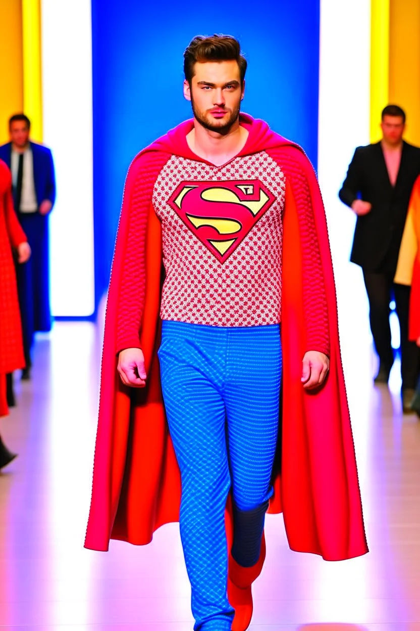 A guy on a fashion runway with Superman invernal clothes style embroidery without cape