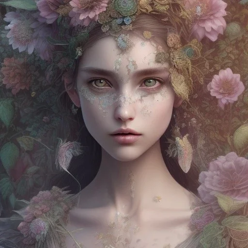 karlan, plant metal, feathers, Dryad, butterflies, nature, plants, flower background, face paint, intricate, oil on canvas, masterpiece, expert, insanely detailed, 4k resolution, cute big circular reflective eyes, cinematic smooth, intricate detail, soft smooth lighting, rembrandt style