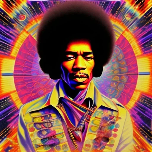 a realistic picture of Jimi Hendrix with dreadlocks, at a turntable with headphones on being a DJ, vivid color, with sunglasses, psychedelic trippy art, with UFOs in the background