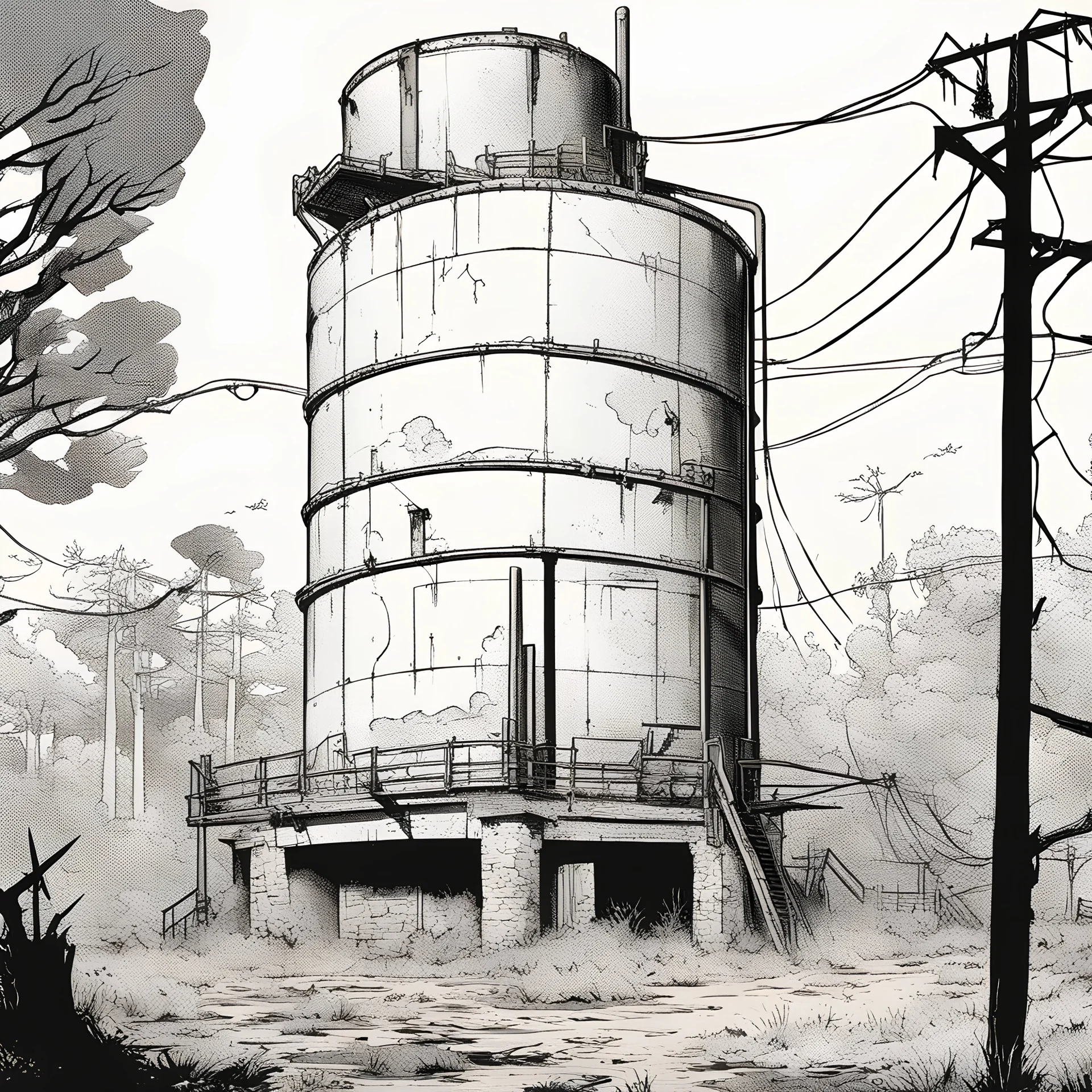 water tank, bared land, post-apocalypse, front view, comic book, cartoon,,