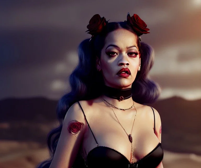 Rita ora, 1800s, vampire, fangs, long curly black hair, choker, black rose, Victorian dress, tiara