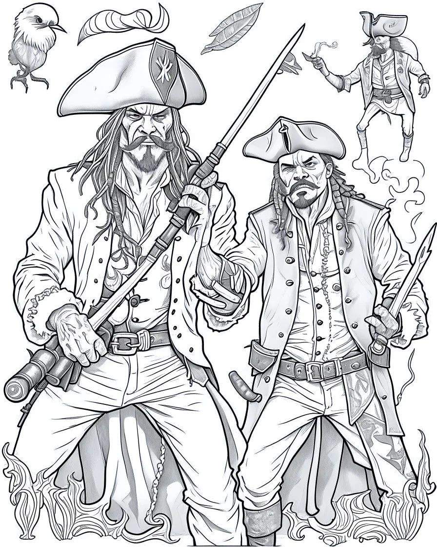 Pirates of the Caribbean: Dueling Pirates Coloring Challenge: Create an action-packed coloring page inspired by the Pirates of the Caribbean movie, featuring a dramatic scene with two pirates engaged in a thrilling sword duel. Capture the intensity of the battle with dynamic poses and expressions, providing ample space for young artists to color the characters and their surroundings in black and white. This coloring challenge invites kids to infuse their creativity into the high-stakes world of