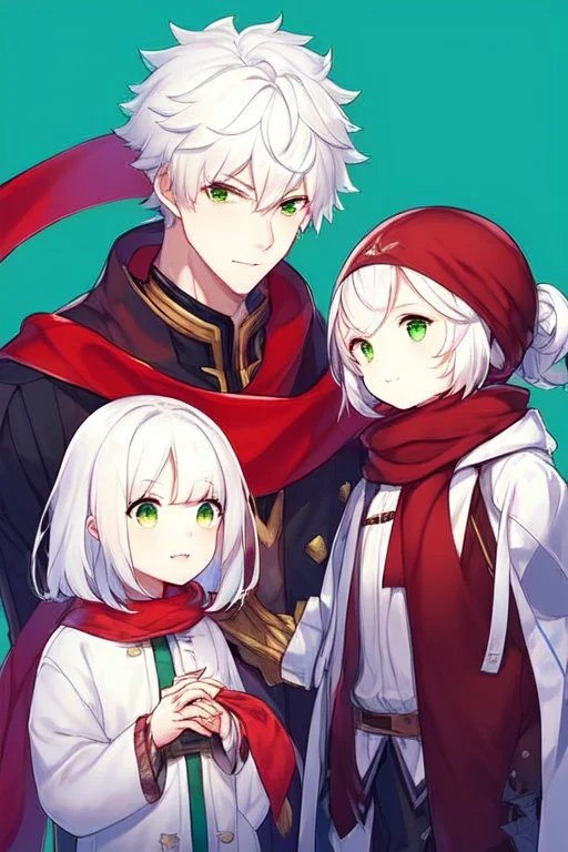 Boy with white hair, green eyes, calm, the background is: a sky full of stars, His hair is short, he wears a red scarf,