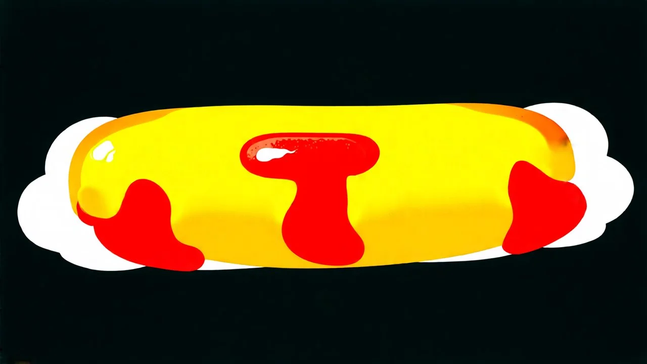A hot dog sandwich with mustard and ketchup on a black background