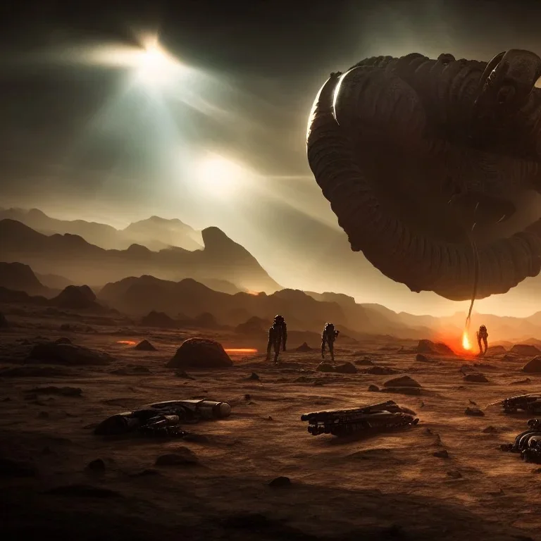 Alien verse human war on deserted planet, hyper realistic, photography, rays, amazing lighting