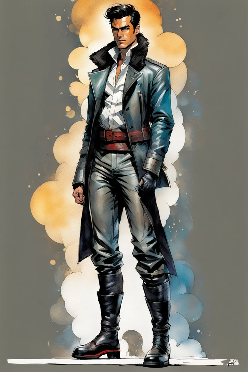 Create a fine art print , full body illustration of a young epic fantasy stealth character , with finely lined and detailed facial features, in an open laced fur jerkin, grey leather breeches , a short colorful belted sash at the waist, stealthy soft leather slippers, , in the comic book style of Bill Sienkiewicz, Howard Chaykin, Mike Mignola, Philippe Druillet, and Jean Giraud Moebius, precisely drawn, colored and inked