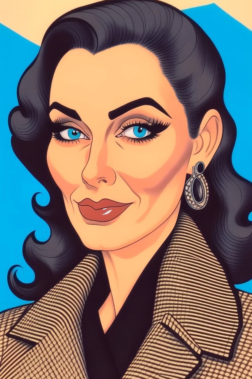 1950s cartoon hero portrait of a famous, long-headed gypsy brunette actress wearing fur and looking luxurious