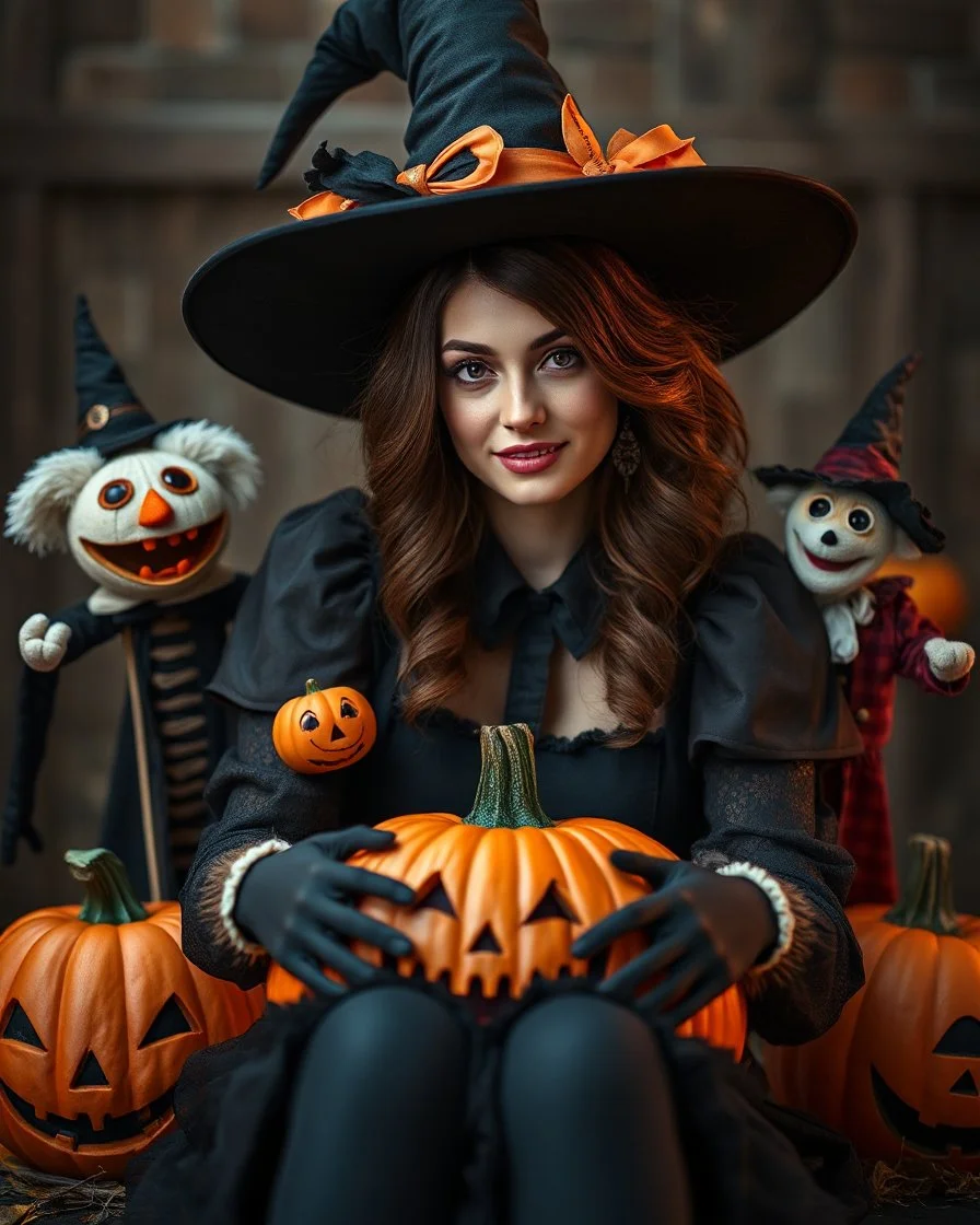 Portrait beautiful woman brown hair in unique custom fashion witch style Happy Halloween,sitting biggest pumpkin Halloween ,sorrounded by puppets Halloween