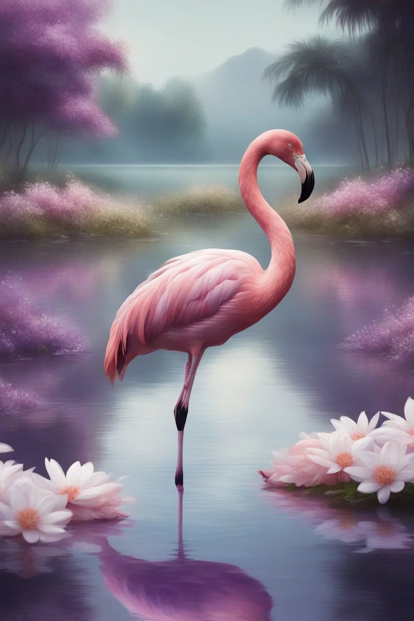 A purple colour flamingo , in a lake , with white flowers , high quality, beautiful scene and 8k , Bosch painting style ,