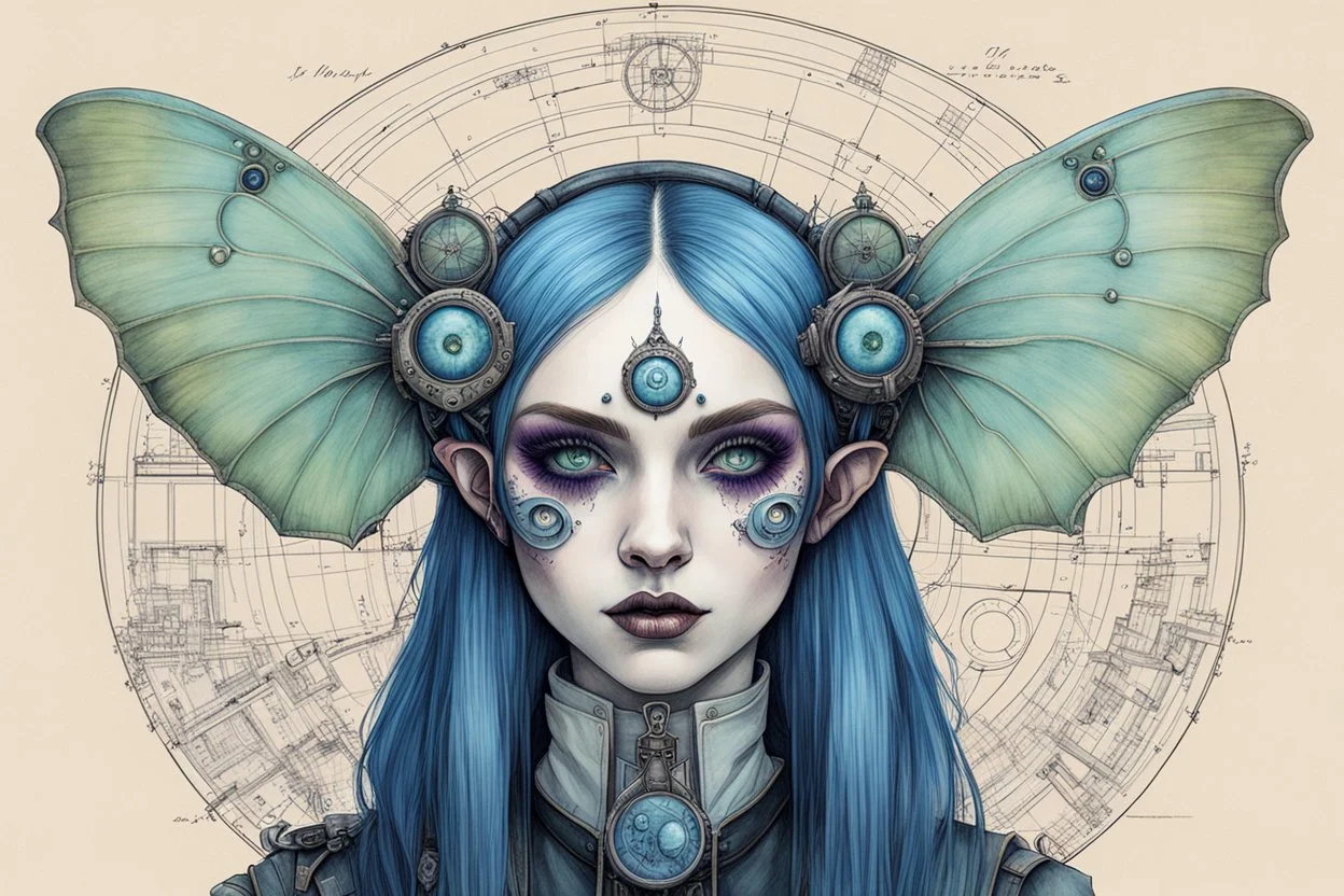 Jean-Baptiste Monge style hand drawn technical, portrait illustration , with detailed blueprints and engineering schematics of a walking hybrid Luna moth goth girl, with highly detailed facial features with multi cellular eyes, drawings, and technical notation, 8k, vibrant natural colors, whimsical fantasy