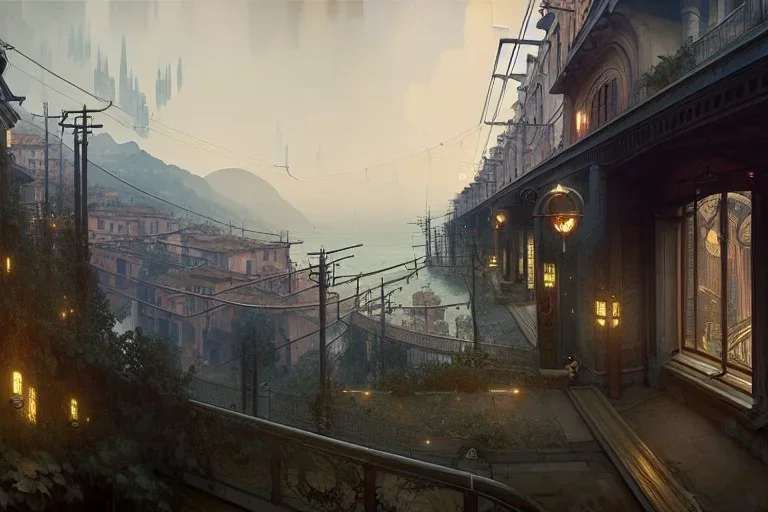 Trai Elevated Corner Trainstation in Italian village sea+liguria+alphonse mucha, greg rutkowski,matte painting, cryengine, hyper detailed, felix kelly, fantasy art, seb mckinnon