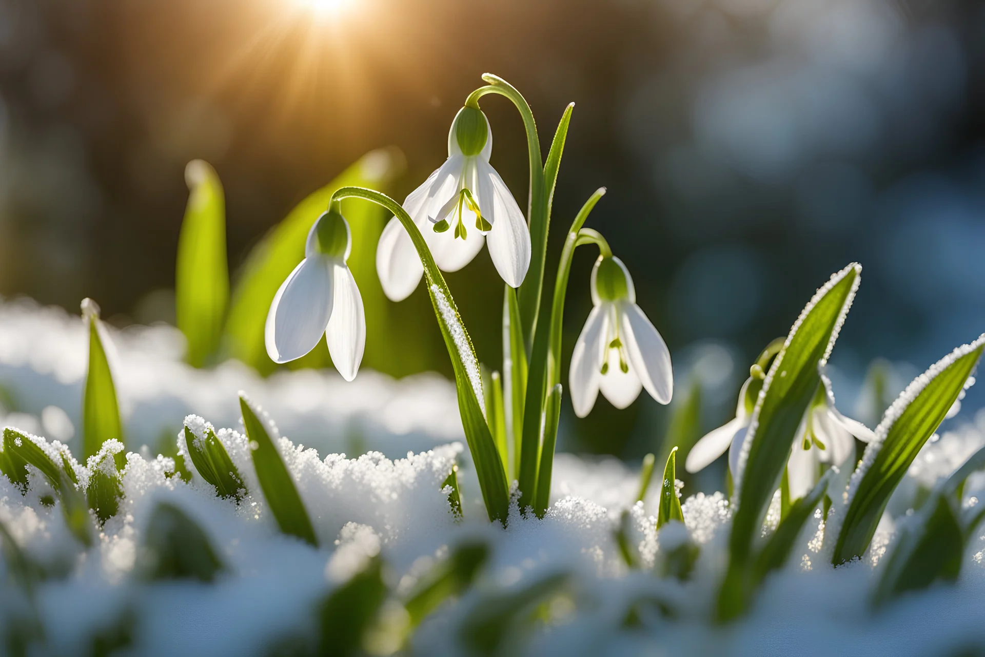 Beautiful Snowdrop flowers on the winter snow and beautiful snow flakes , indirect sun ray on, Miki Asai Macro photography, entire but close-up, hyper detailed, trending on artstation, sharp focus, studio photo, intricate details, highly detailed,