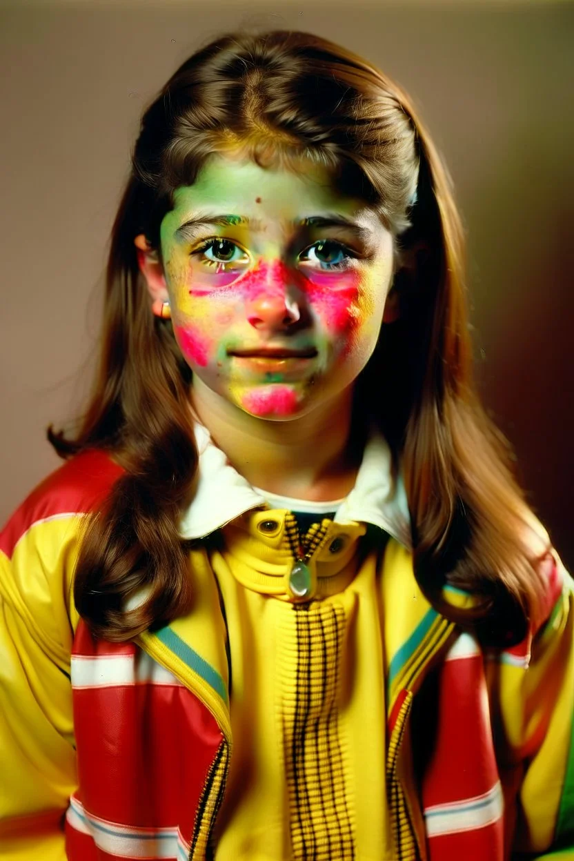 Fotorealistisch sehr gewöhnliche 13jährige Schülerin aus den 1980ern, haselnussbraunes Haar zum Pagenschnitt gekürzt, etwas zu rundes Gesicht, ockerbraune Augen, blasser Teint, schüchtern aber burschikos, trägt rot-weiß geringeltes T-Shirt unter ihrem offenen mintgrünen Anorak, Buchstabe B in gelb mit weißer Kontur prangt dort wo Brusttasche sein müsste.