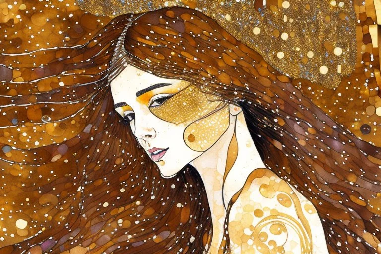 Dynamically dancing long haired brunette woman, in Klimt style, in ochre, watercolor and ink, golden glitters