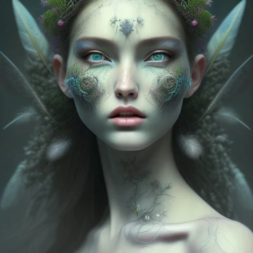 Portrait of beautiful girl, face dept of field, plant, metal, feathers, Dryad, fae, sidhe, ominous, nature, plants, wildflower, facepaint, dnd character portrait, intricate, oil on canvas, masterpiece, expert, insanely detailed, 4k resolution, retroanime style, cute big circular reflective eyes, cinematic smooth, intricate detail , soft smooth lighting, soft pastel colors, painted Renaissance style,sharp fucus, bokeh,macro lens, 1500mm lens