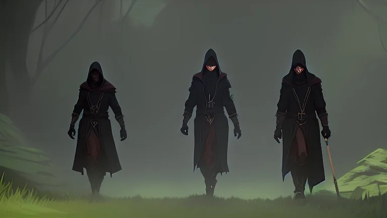 Black robed, hooded monks on the forest path