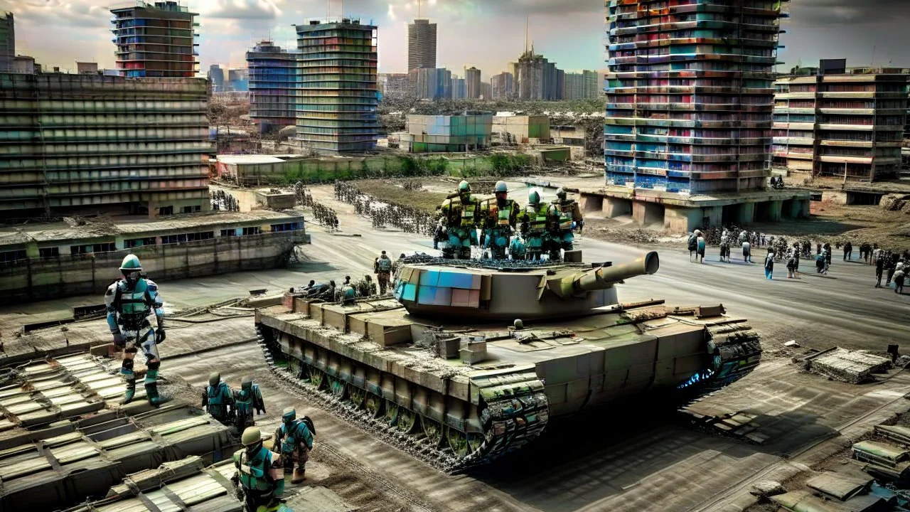 Israeli soldiers and tanks stand on a very large chessboard with the board upside down in the air in the middle of a destroyed city.