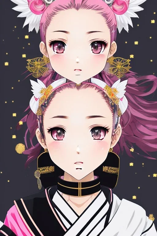 A Cute anime Kunoichi girl, kitsune mask, pink hair buns, pink bangs, traditional black designer kimono, full body art, intricate details, eyes perfectly aligned, full body portrait, red ribbons, slight smile, black constellation motif, windy, concept art, mini tornado stickers, black fishnet wear, highly detailed, digital painting, artstation, concept art, sharp focus, illustration, art by WLOP and greg rutkowski and alphonse mucha and artgerm and yanjun Chen and Junji ito