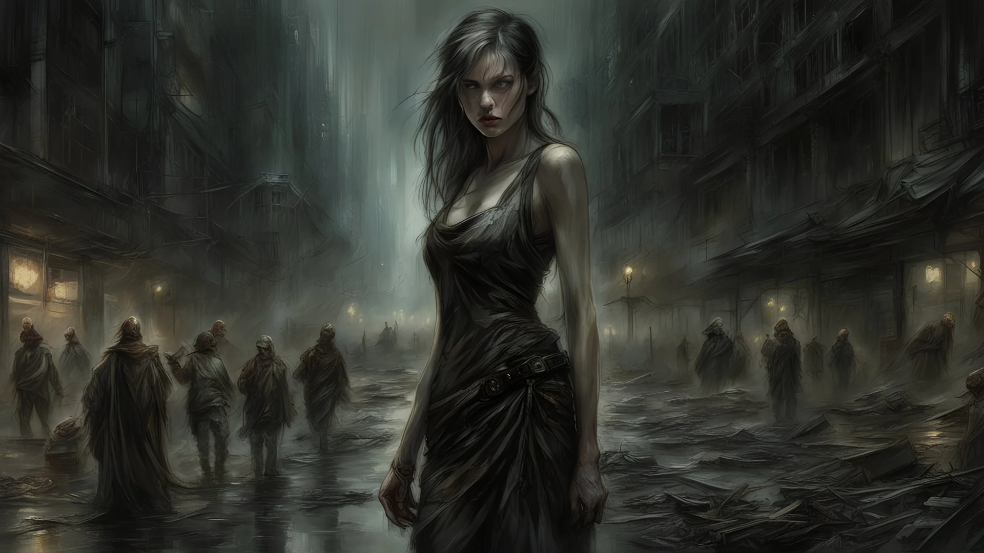 the city of fear, post-apocalypse, horror, hopelessness, darkness, dark colors, by Luis Royo & Raymond Swanland & Alyssa Monks & Anna Razumovskaya