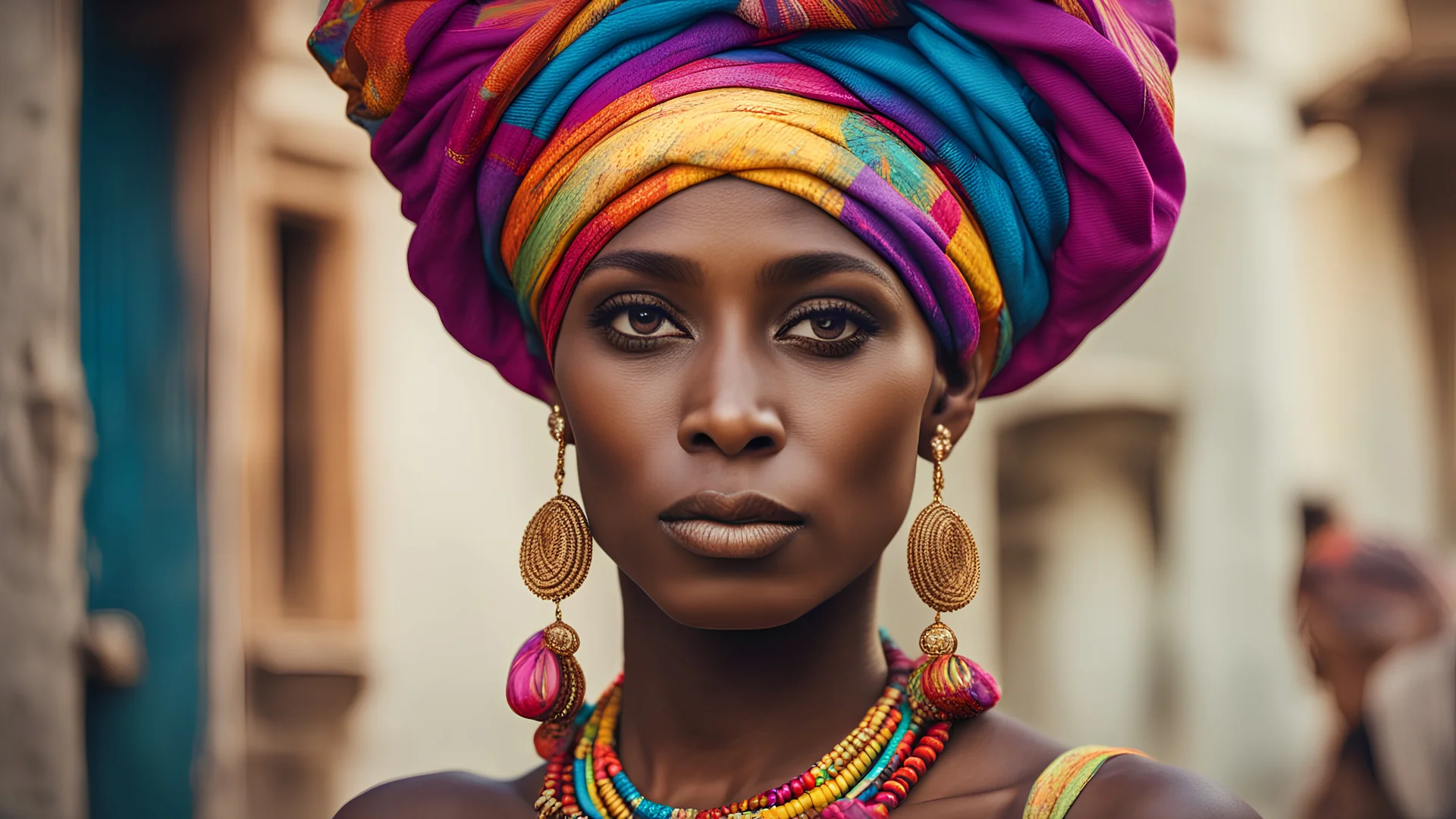 a Cuban woman in a colorful turban and earrings, in the trend of cgsociety, very dark skin!, beautiful costume, beautiful girls, photo of a beautiful African American woman, colorful national costume