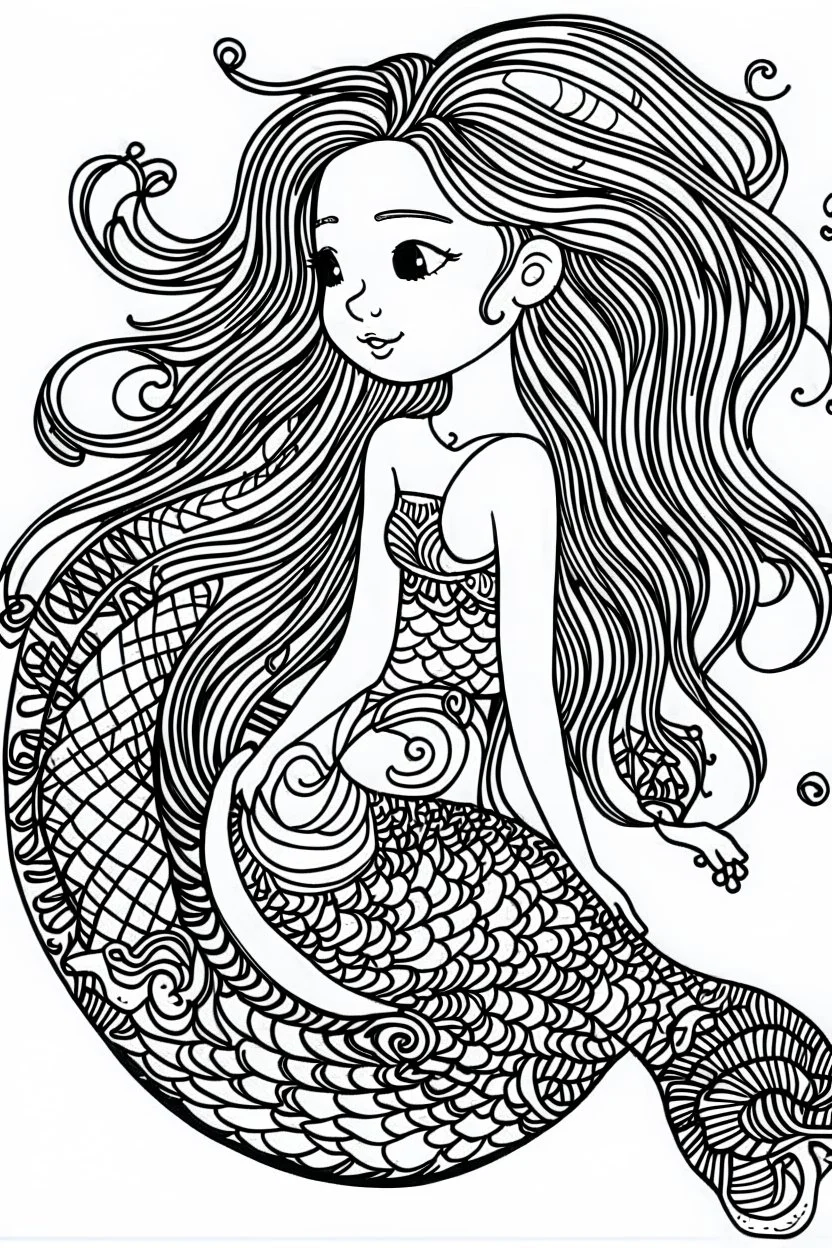 This captivating and delightful black line drawing is perfect for young artists. It features a charming and enchanting mermaid, waiting to be brought to life with colors by a 6-year-old child. The thick and bold outlines make it easy for little hands to color within the lines, fostering creativity and imagination. The mermaid is the centerpiece of the image, with her flowing hair, graceful tail, and a joyful expression on her face. The full undersea background adds depth and excitement to the s