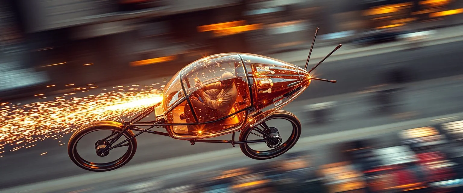 sparks blazing, seen from above, tattoo style, motion blur, airbrush art, elon musk riding inside an awesome hanglider trike with three back wheels, spaceship in copper, fast one in the shape of a transparent snail , now its gonna do an awesome gig , bokeh like f/0.8, tilt-shift lens 8k, high detail, smooth render, down-light, unreal engine, prize winning