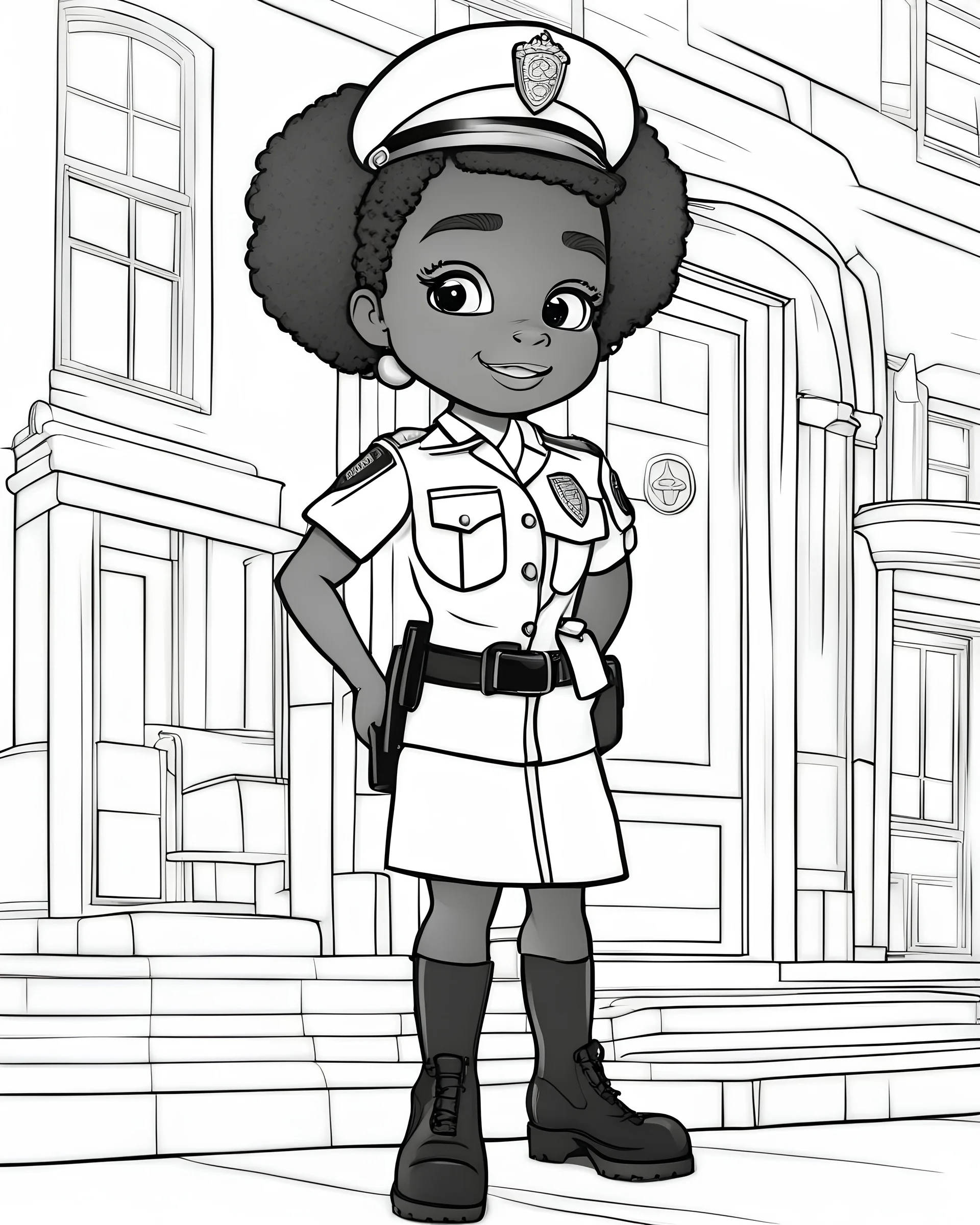 coloring page, depicting a black girl kid as a police officer, full body, outline, black and white, grayscale, highly defined, white background, cartoon style, coloring book style