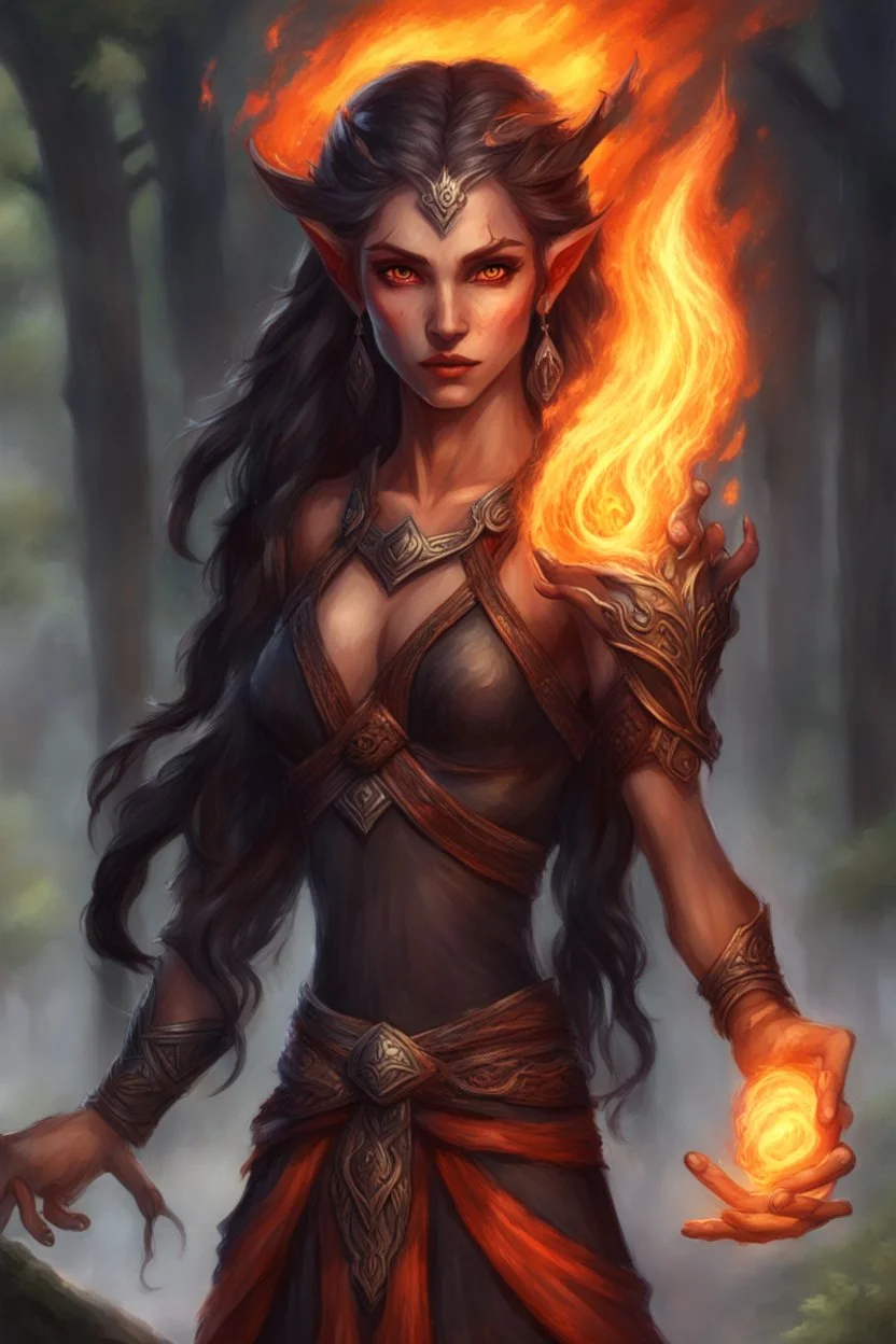 Fire Eladrin druid female. Hair is long and bright black, part is braided and fire comes out from it. Big bright red eyes. Creates fire from her own hands . Is holding fireball in her hands. Skin color is dark. Has a big scar on face