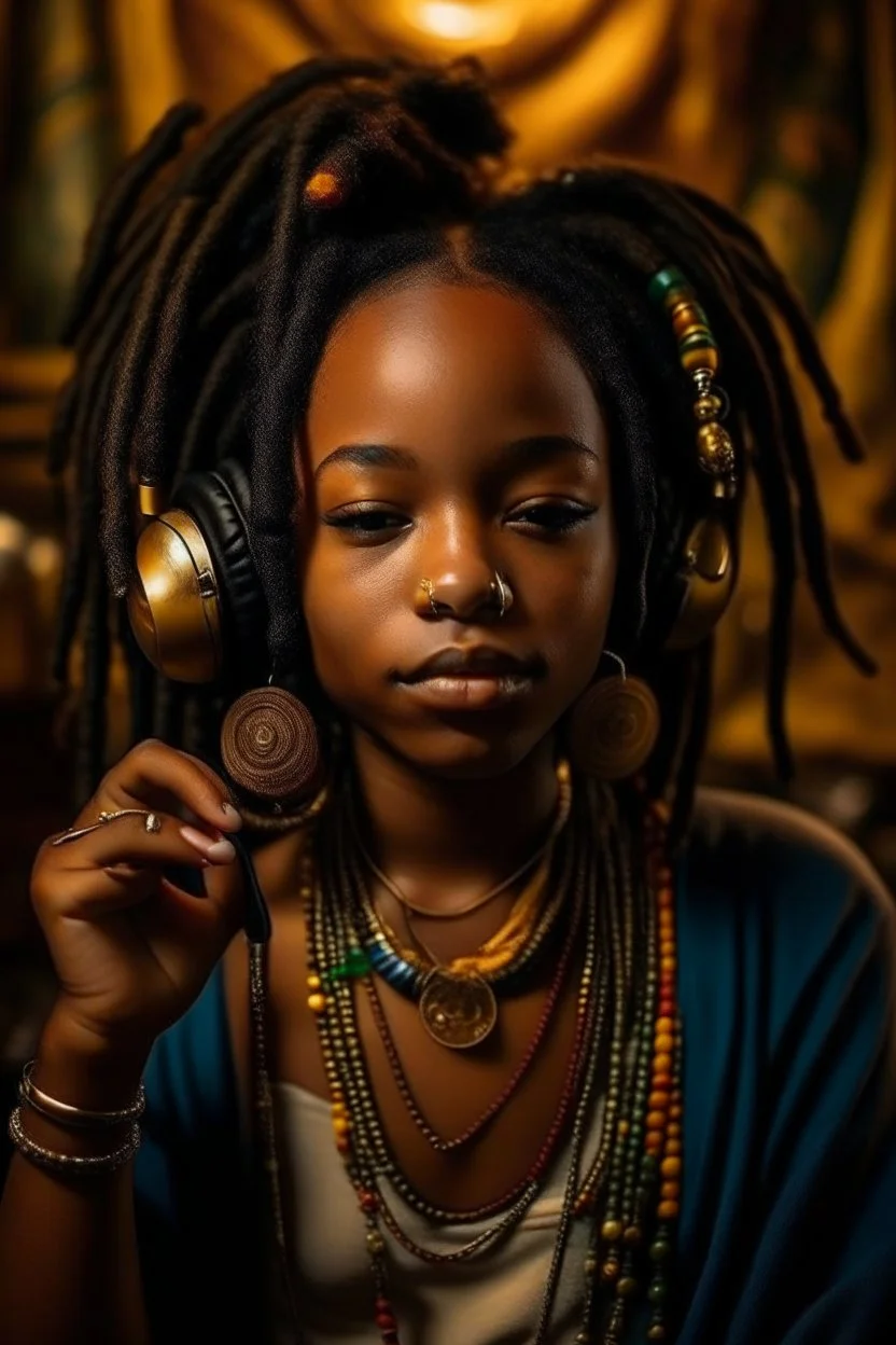 earthy black young woman listening to music with small old school headphones, soul, peace, majestic, earthy colours, at peace, happy, incense, jewels, bands, natural, old school headphones, blasian eyes, incense, very dark skin, crystals, gold arm bands, locs with beads, mouth slightly open